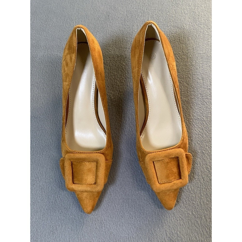 Faux Suede Orange/ Brown Kitten Heels Large Buckle Pointed Toe
